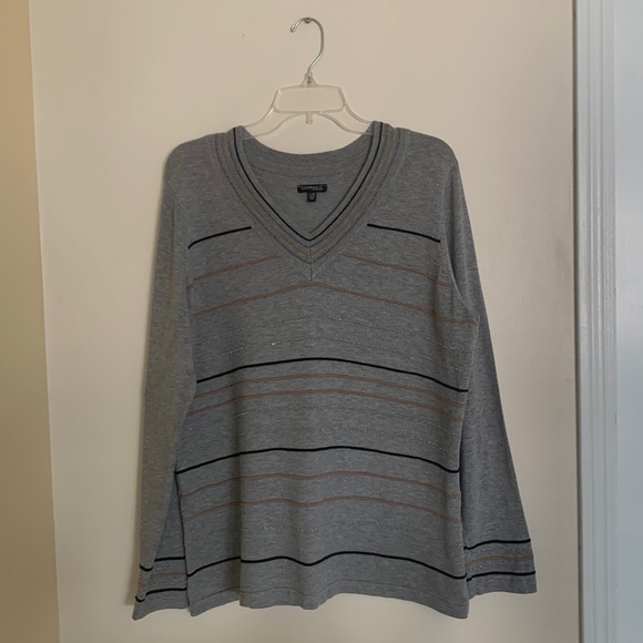 Grey v-neck striped long sleeved sweater - Picture 1 of 5